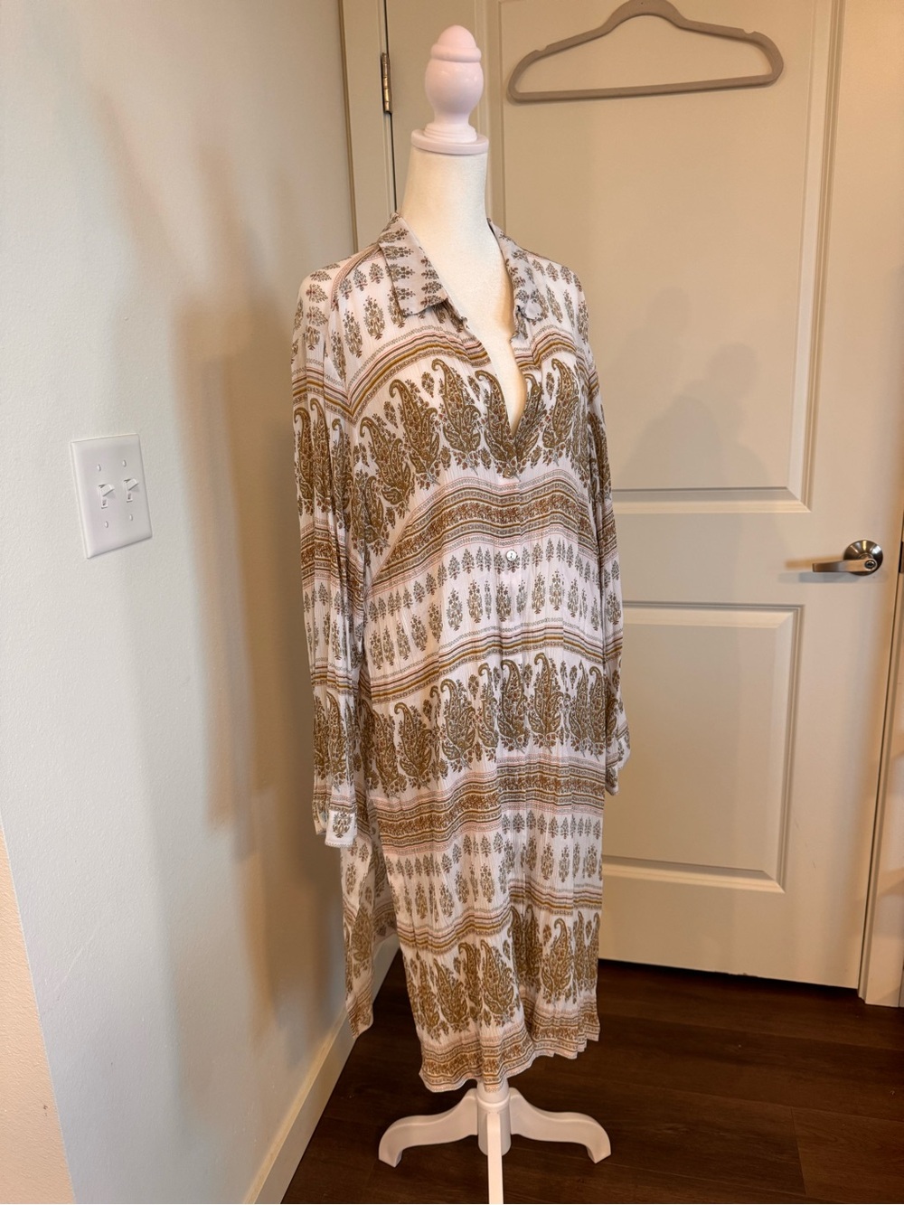 J. Jill Paisley Tunic Shirt Dress 2X Olive Tan White Lightweight Boho Duster